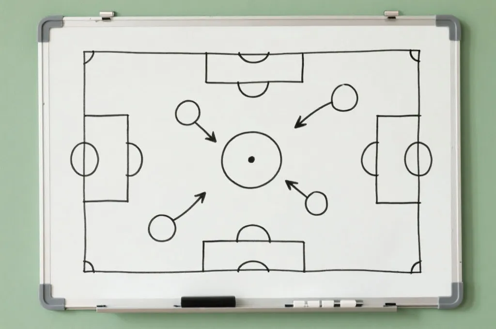 A generic hand-drawn soccer tactics board with strategic arrows and connections, clean vector style